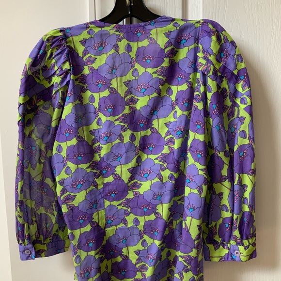 BEAUTIFUL SMYTHE V-NECK FRONTIER COTTON BLOUSE SHIRT IN CHARTREUSE FLORAL - Picture 10 of 16
